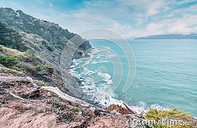 Rocky shore along the ocean coast in San Francisco, beautiful Californian nature landscape Stock Photo