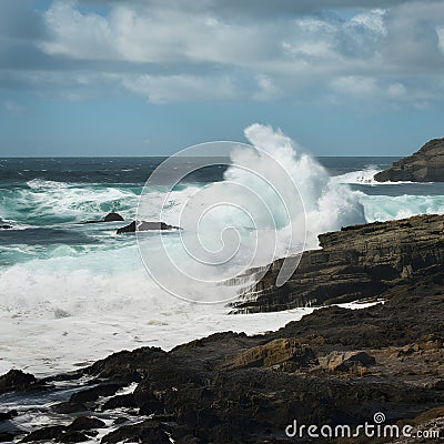 Rocky shore braves crashing waves, a testament to natures power Stock Photo