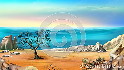 Rocky Shore with Lonely Tree Against Blue Sky at Dawn Stock Photo