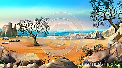 Rocky Shore with Lonely Tree Against Blue Sky Stock Photo