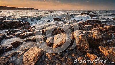Rocky shores at the sea sunset light Stock Photo