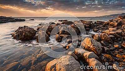 Rocky shores at the sea sunset light Stock Photo