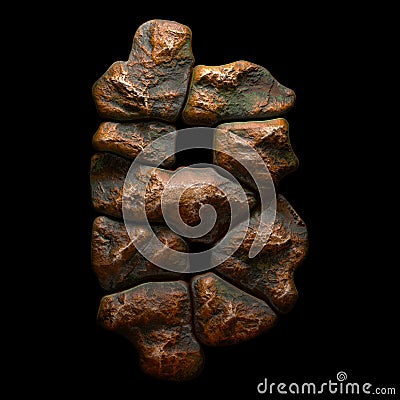 Rocky symbol bitcoin. Font of stone on black background. 3d Stock Photo