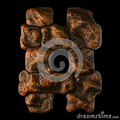 Rocky symbol hash. Font of stone on black background. 3d Stock Photo