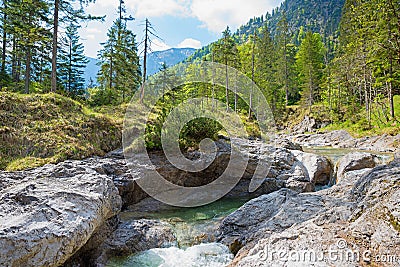 rocky torrent near Kreuth, spring landscape upper bavaria Stock Photo