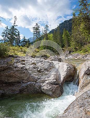 Rocky torrent Weissach river, spring landscape Kreuth, bavaria Stock Photo