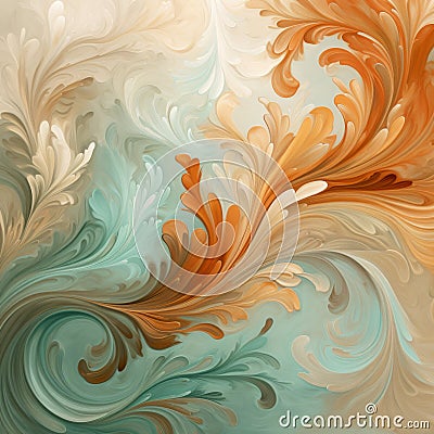 Rococo Digital Watercolor Design With Swirled Orange And Green Hues Stock Photo
