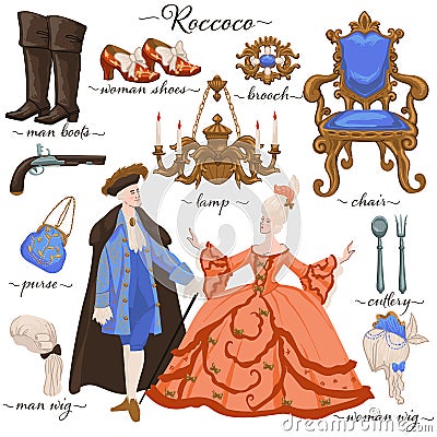 Rococo history period clothes and furniture vector Vector Illustration