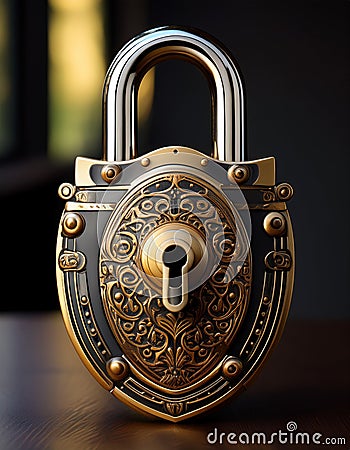Rococo style padlock. A secure locking device, made of metal, designed to protect valuables or restrict access. Stock Photo