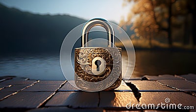 Rococo style padlock. A secure locking device, made of metal, designed to protect valuables or restrict access. Stock Photo