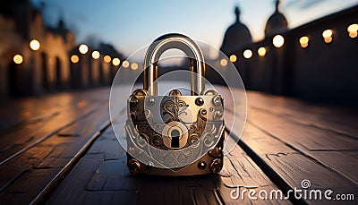 Rococo style padlock. A secure locking device, made of metal, designed to protect valuables or restrict access. Stock Photo
