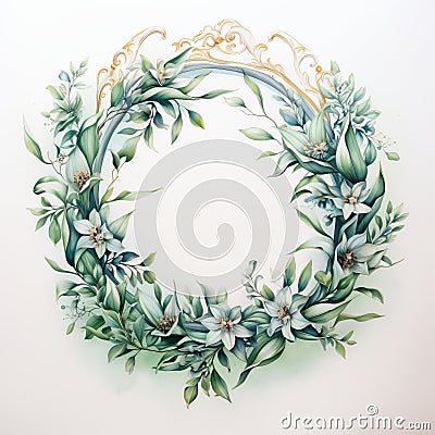 Rococo Watercolor: Mint Wreath With Olive Leaves And Flowers Stock Photo