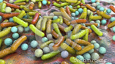 Rod-shaped bacteria and cocci, human microbiome, human pathogenic bacteria, 3D illustration Cartoon Illustration