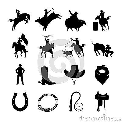 Rodeo Black Icons Set Vector Illustration