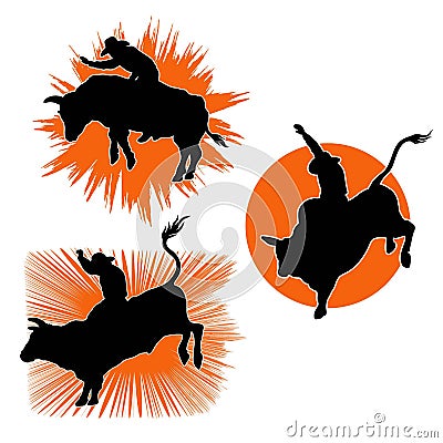 Rodeo bull set symbols vector illustration isolated on white. Cowboy riding a wild bull in flat style illustration Vector Illustration