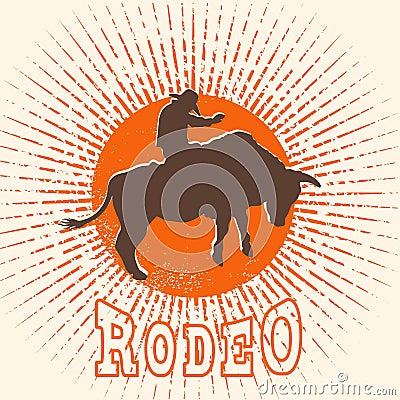 Rodeo bull symbol vector. Cowboy riding a wild bull in vintage style illustration and rodeo text Vector Illustration