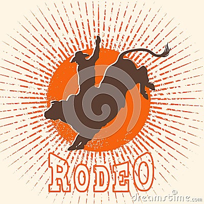 Rodeo bull vector label. Cowboy riding a wild bull in symbol flat style illustration and rodeo text Vector Illustration