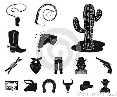 Rodeo, competition black icons in set collection for design. Cowboy and equipment vector symbol stock web illustration. Vector Illustration