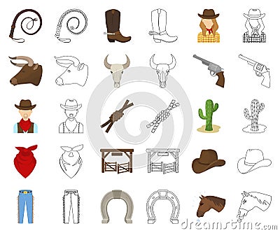 Rodeo, competition cartoon,outline icons in set collection for design. Cowboy and equipment vector symbol stock web Vector Illustration