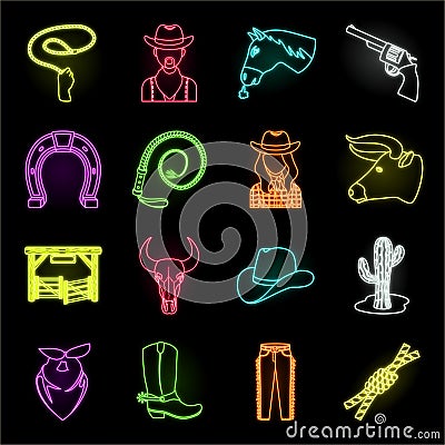 Rodeo, competition neon icons in set collection for design. Cowboy and equipment vector symbol stock web illustration. Vector Illustration