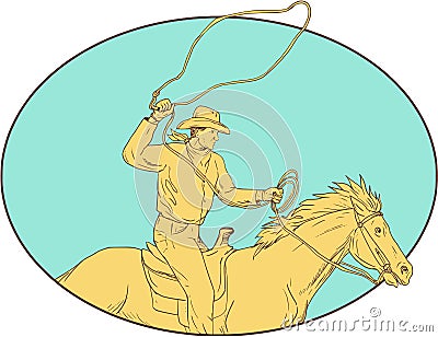 Rodeo Cowboy Lasso Horse Circle Drawing Vector Illustration