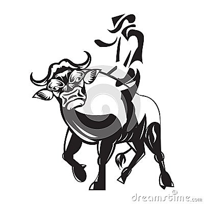 Rodeo cowboy riding a wild bull Stock Photo