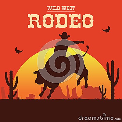 Rodeo cowboy riding a wild bull Vector Illustration