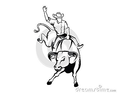 Rodeo or Cowboy Riding a Wild and Furious Bull Illustration with Silhouette Style Vector Illustration