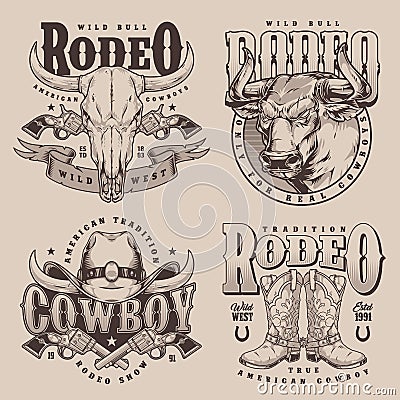 Rodeo festival set stickers monochrome Vector Illustration