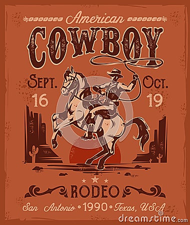 Rodeo poster with a cowboy sitting on rearing horse in retro style Cartoon Illustration