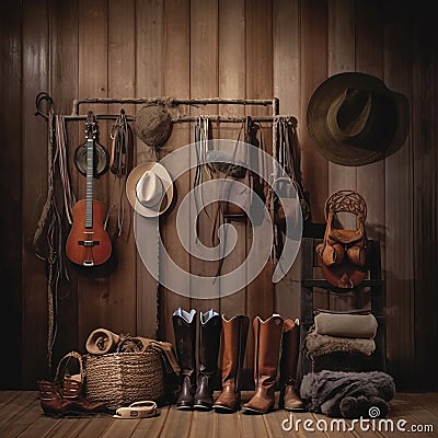 Rodeo themed studio foto custom made Anniversary Backdrop with guitar and cowboy hats, boots Stock Photo