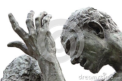 Rodins Burghers of Calais Statue - The detail shows the human doubts of the citizen to give his life for the city Stock Photo