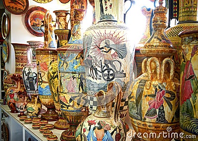 RODOS ISLAND, GREECE, JUNE 22, 2013: View on hand made painted classical greek stone jug, stoneware jug, pitchers, claret-jugs, ju Editorial Stock Photo