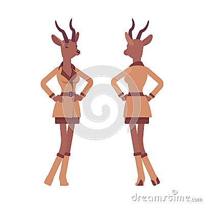 Roe deer woman, elegant lady, animal head stylish human standing Vector Illustration