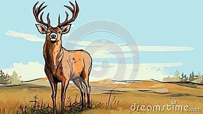 Graphic Illustration Of A Deer In A Field With Detailed Background Cartoon Illustration