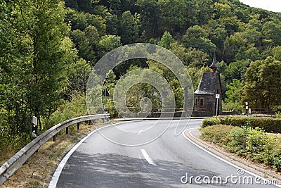 Roes, Germany - 08 16 2022: curve and bridge with the chapel Stock Photo
