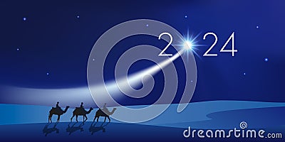 Greeting card 2024 with the 3 wise men loaded with gifts to celebrate the birth of jesus. Stock Photo