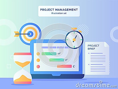 Roject management illustration set program checklist on display monitor laptop nearby hourglass stopwatch project brief Vector Illustration