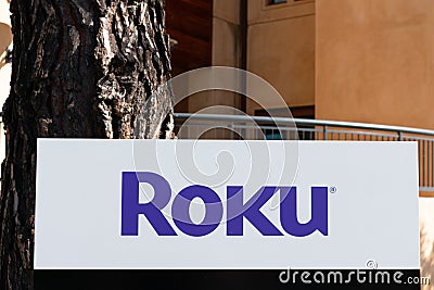 Roku sign and logo at company headquarters in Silicon Valley Editorial Stock Photo