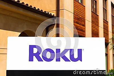 Roku sign and logo at company headquarters in Silicon Valley Editorial Stock Photo