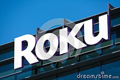 Roku sign and logo on facade of consumer electronics and broadcast media company HQ Editorial Stock Photo