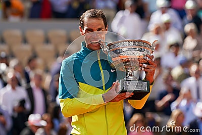 2022 Roland Garros Champion Rafael Nadal of Spain during trophy presentation after men`s singles final against Casper Ruud Editorial Stock Photo