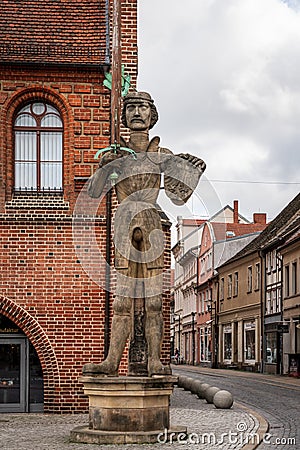 The Roland statue in front of the Town Hall. Hansestadt Stendal. Editorial Stock Photo