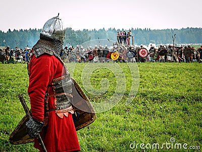 Role play - the reenactment of the battle of the ancient Slavs on the festival of historical clubs in the Kaluga region of Editorial Stock Photo