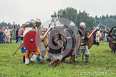 Role play - the reenactment of the battle of the ancient Slavs in the fifth festival of historical clubs in Zhukovsky district of Editorial Stock Photo
