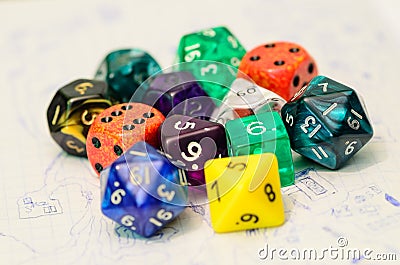 Role playing dices lying on sketch ma Stock Photo