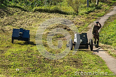 Roleplay - reconstruction of battle of 1941 World war 2 in the Kaluga region of Russia. Editorial Stock Photo
