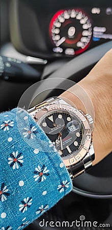 Rolex Yacht-master with rose gold bezel and two tone strap wear in Bangkok, Thailand Editorial Stock Photo
