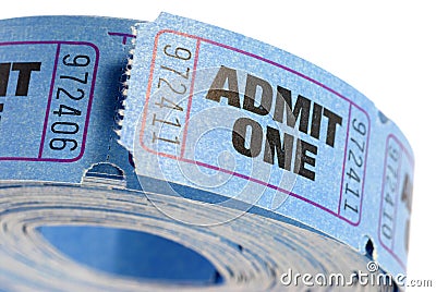 Roll of blue admit one tickets isolated on white background, close up Stock Photo