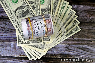 roll and bundle of Egypt money thousands of Pounds currency banknotes bills rolls of 50 EGP LE, Egyptian money exchange rate and Stock Photo